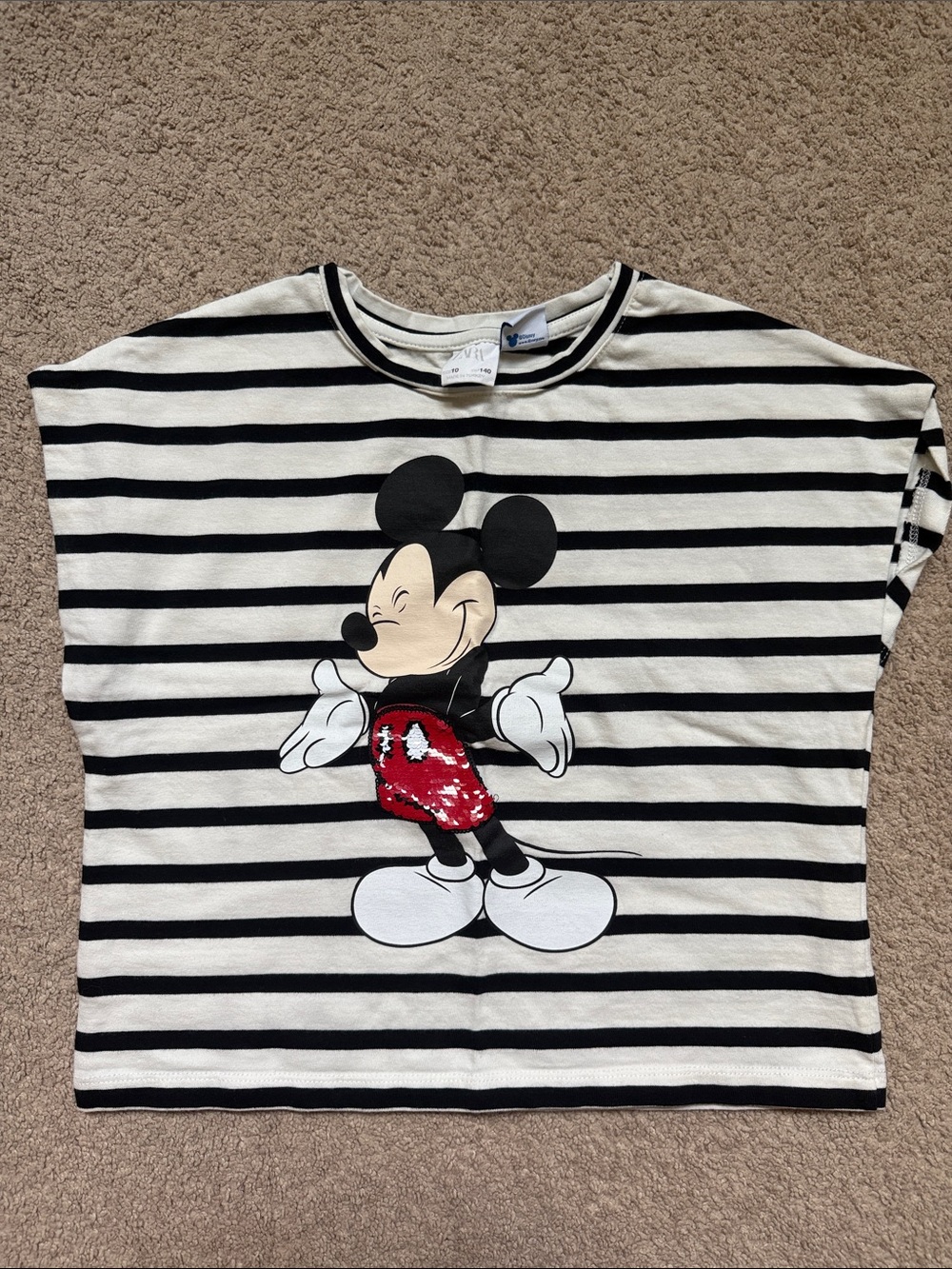 Zara Black & White Striped Mickey Mouse Tee with Red Sequin Detail
